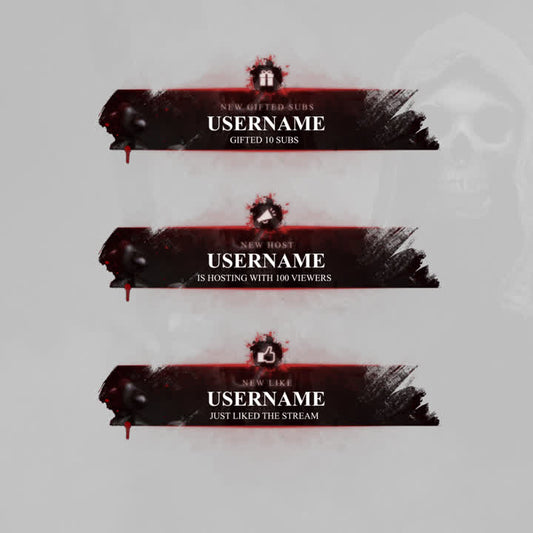 Horror Animated Stream Alerts. Dark red and black banners with blood splatters. Alerts for Twitch.