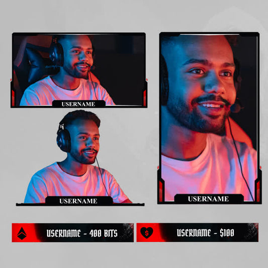 Horror Static Webcam Overlays. Dark theme with multiple cam boxes and event icons for Twitch.