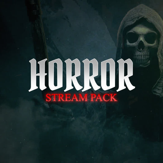 Horror Stream Pack. Spooky static stream overlays. Dark background with white and red text.