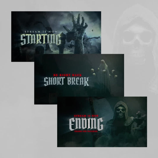 Horror animated OBS scenes. Dark themed with skulls; text: "Starting," "Short Break," "Ending."