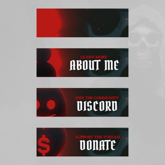 Horror Twitch Panels. Red and black design with text: "Learn more", "Discord", "Donate".