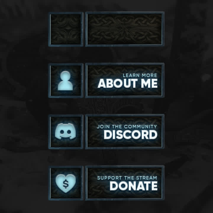 Viking-themed Twitch panels. Dark background with icy blue text. "Learn more. About me" "Join the community. Discord" "Support the stream. Donate"