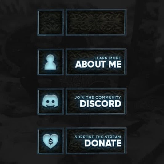 Ragnar Twitch Panels. Dark background with icy blue text. Editable panels for stream customization.