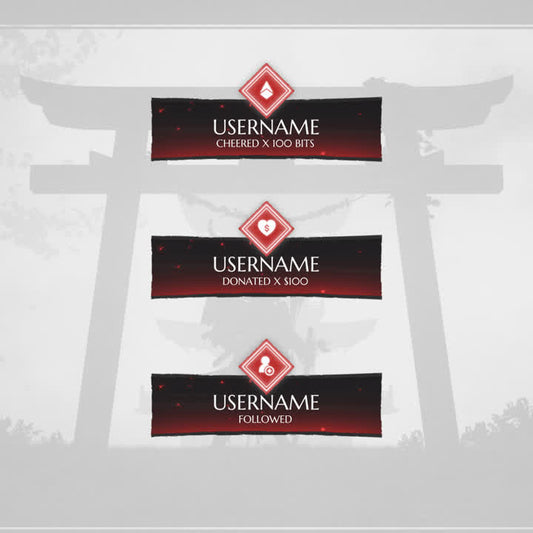 Shogun Static Stream Alerts. Samurai art style. Red and black themed alerts for Twitch.
