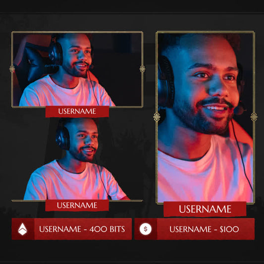 Shogun Static Webcam Overlays. Red accents with customizable username and bits/donation boxes.