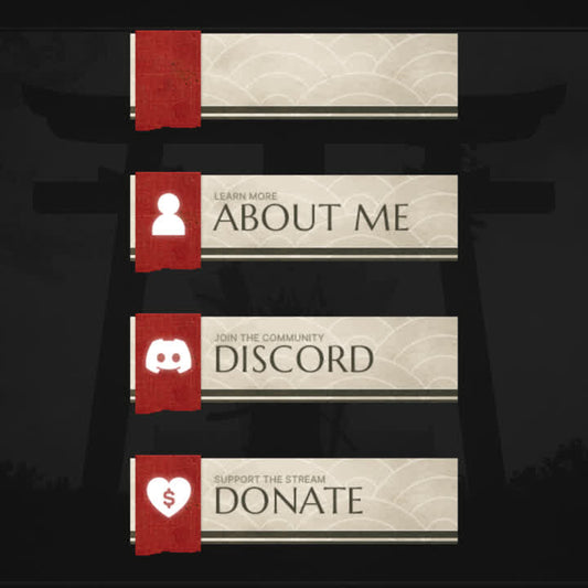 Shogun Twitch Panels. White with red accents. "Learn more. About me" "Join the community. Discord" "Support stream. Donate"