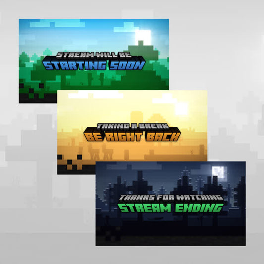 Minecraft-inspired OBS scenes. "Stream will be starting soon," "Be right back," "Stream ending."