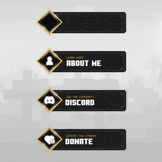 Streamcraft Twitch Panels. Editable black and gold panels with Minecraft-inspired icons.