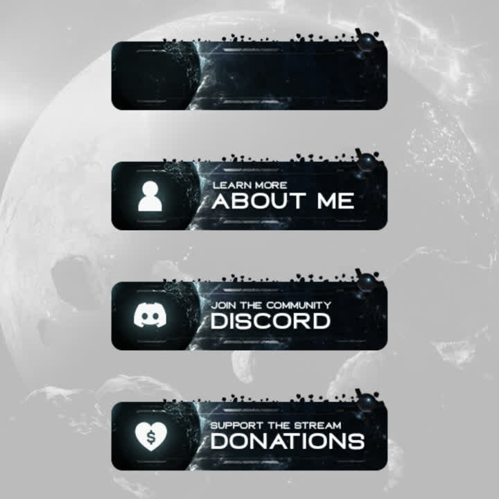 Stellar Twitch Panels. Space-themed with dark backgrounds. "Learn more. About me" "Join Discord" "Support. Donations"