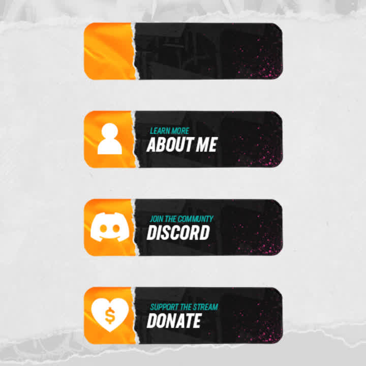 Street Static Twitch Panels. Graffiti style with orange, black, and white. "Learn more. About me" "Join the community. Discord" "Support the stream. Donate"