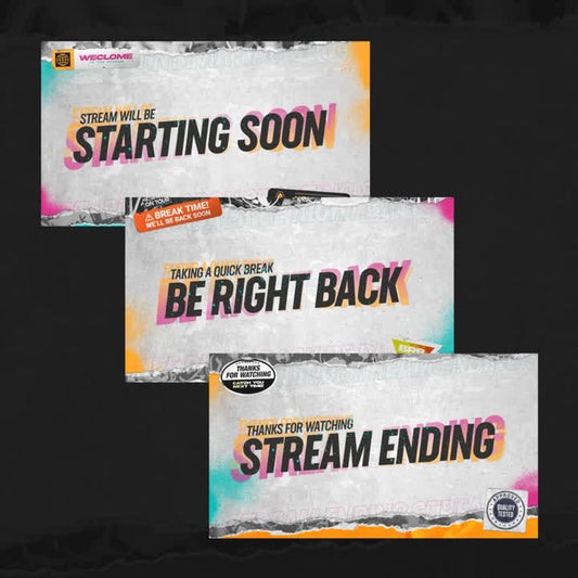 Street OBS scenes with colorful backgrounds. "Stream will be starting soon." "Be right back." "Stream ending."