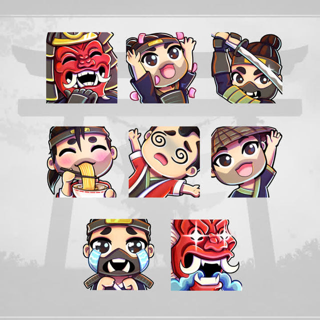 Shogun Twitch Emotes. 8 unique and colorful designs featuring expressive characters.