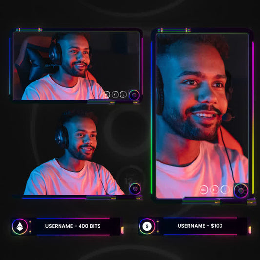 RGB Animated Webcam Overlays. Multi-sized cam boxes with vibrant lighting and customizable icons.