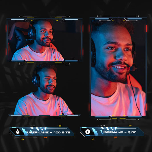 Futuristic Webcam Overlays. Three cam boxes with customizable icons and vibrant accents.