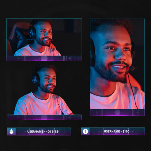 Neomoon Static Webcam Overlays. Colorful cam boxes with event icons on a dark background.