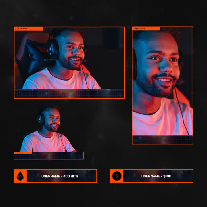 Nebula Webcam Overlays. Three cam boxes and event boxes with orange accents on a dark background.