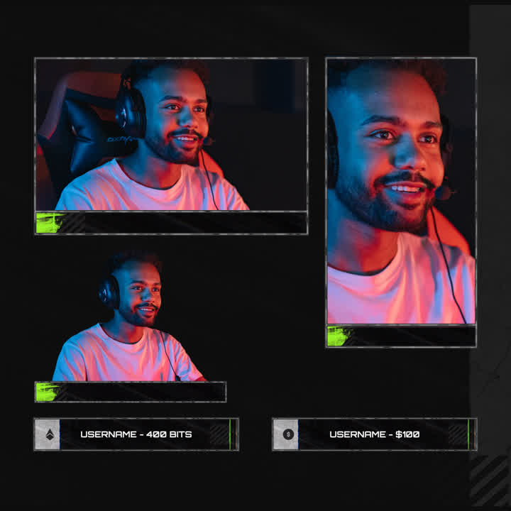 Tactical Static Stream Overlays. Gamers in a dark theme with green accents and user info displays.