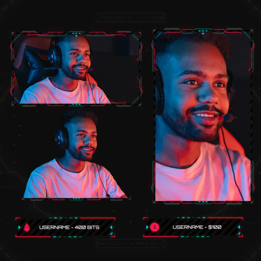 HUD Animated Webcam Overlays. Dark background with neon frames, displaying user and event info.