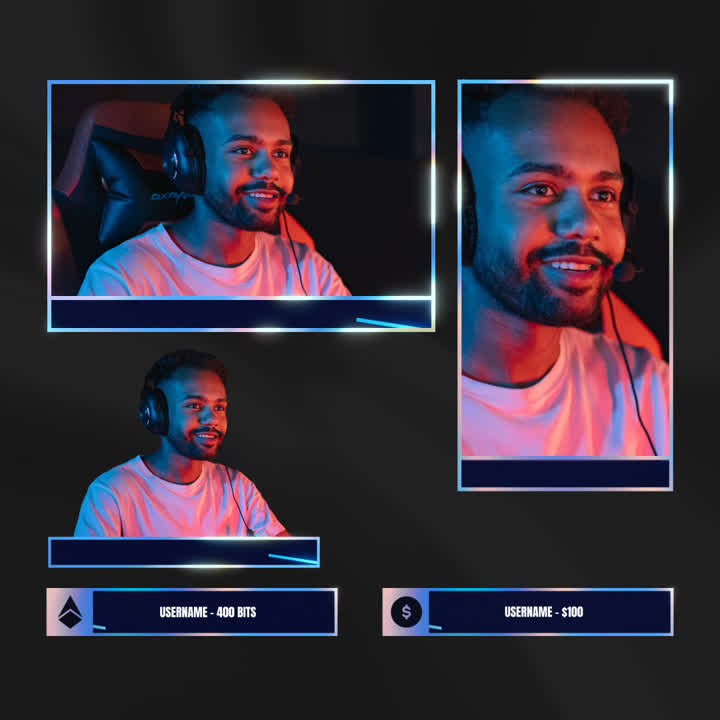 Holo Webcam Overlays. Multiple sizes with vibrant blue borders, ideal for Twitch and OBS.