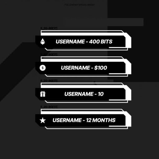 Modern Glitch Overlay Pack. Black and white design with colorful highlighted user stats text.