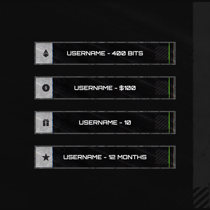 Tactical Static Stream Overlays. Black background with silver bars and green highlights for alerts.