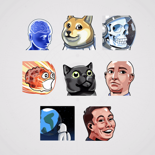 Stellar Animated Emotes. 8 unique designs featuring various characters and icons. Colorful and fun.