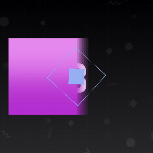 Animated stinger transition with purple and blue shapes on a dark background.