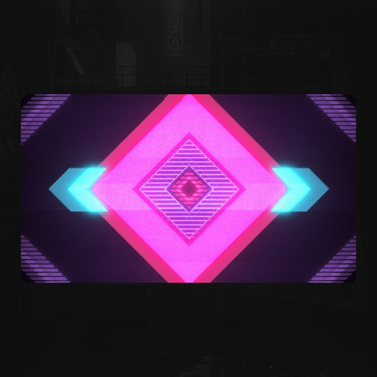 Neo Pixel Animated Stinger Transition. Vibrant pink and blue geometric design on a dark background.