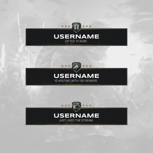 Warfare Static Stream Alerts. Black background with white text and gaming icons. User notifications.
