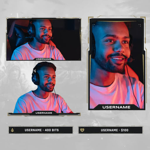 Warfare Static Webcam Overlays. Three cam boxes with customizable names, black and gold design.