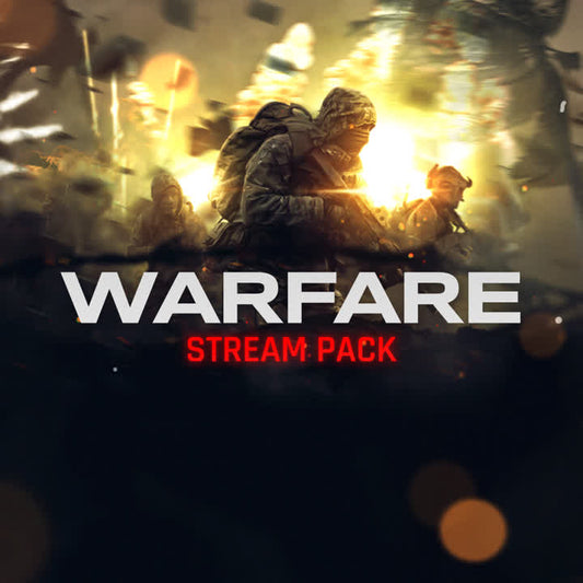Warfare Stream Pack. Call of Duty inspired overlays. Dark background with soldiers and bold text.