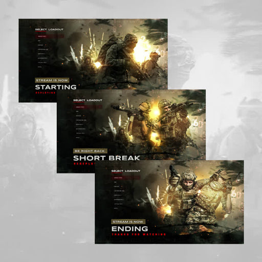 Warfare Static OBS Scenes. Military-themed overlays with "Starting," "Short Break," and "Ending."