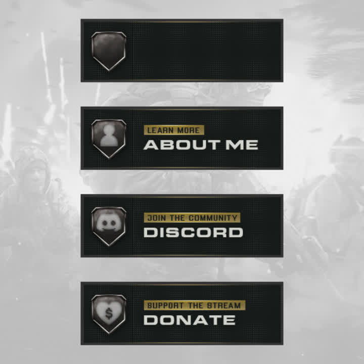 Warfare Twitch Panels. Dark grey with gold text and game icons. "Learn more. About me" "Join the community. Discord" "Support the stream. Donate"