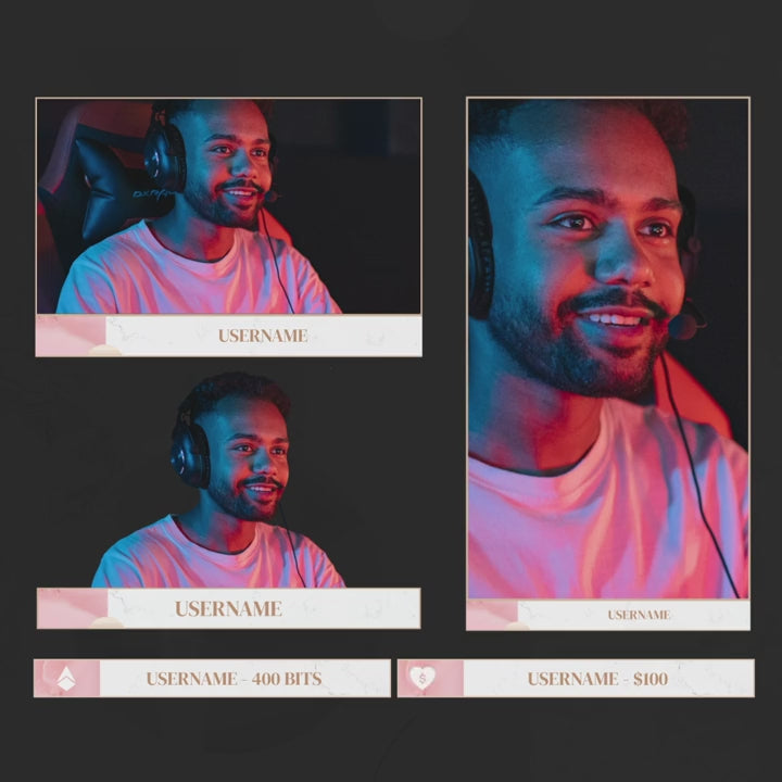 Rose Gold Animated Webcam Overlays. Three webcam frames with customizable event boxes and icons.