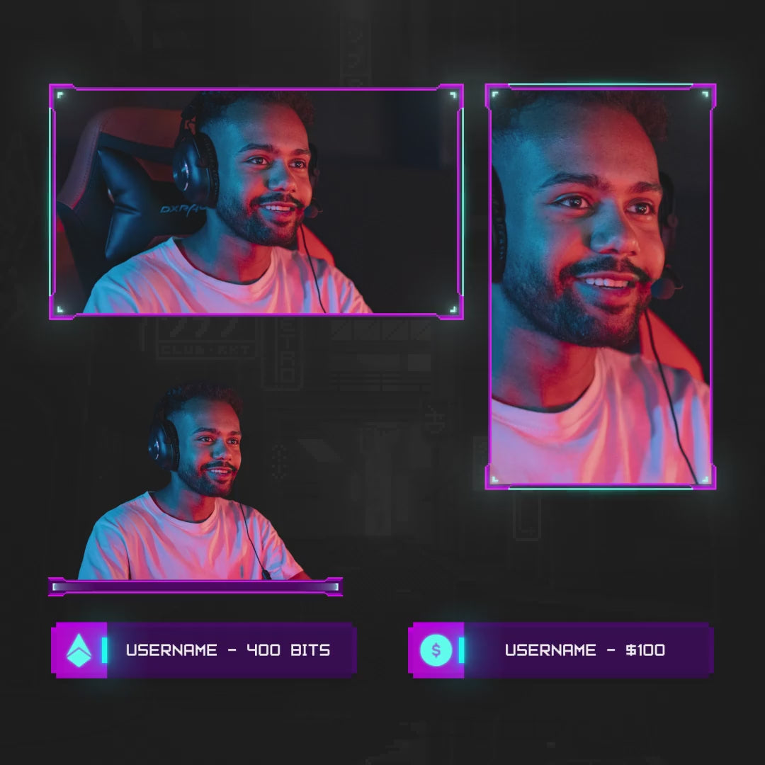 Neo Pixel Animated Webcam Overlays. Colorful cam boxes and event boxes for Twitch streams.