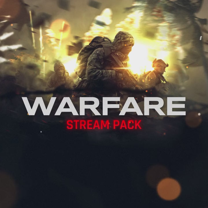 Warfare Stream Pack. Military inspired overlays with action background and bold white text.