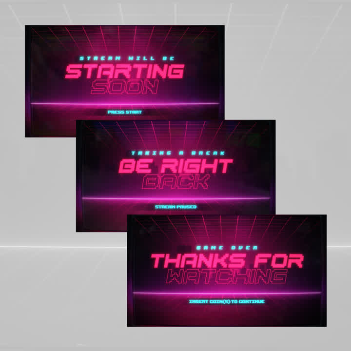 Retro Arcade OBS Scenes. Pink neon text on black backgrounds. "Starting Soon", "Be Right Back", "Thanks for Watching".