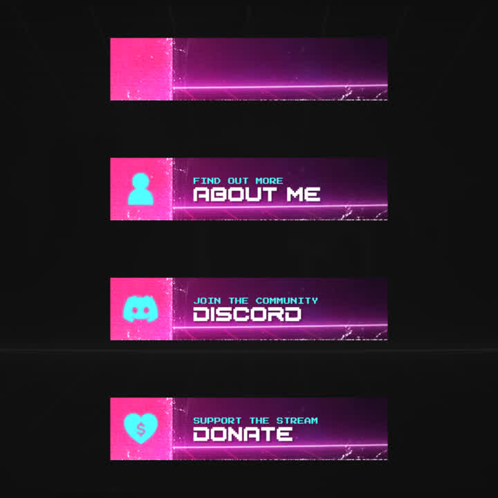 Retro pixel Twitch panels. Bright pink and blue with icons. "About Me", "Discord", "Donate".