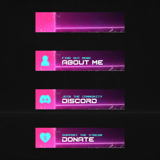 Retro pixel Twitch panels. Bright pink and blue with icons. "About Me", "Discord", "Donate".