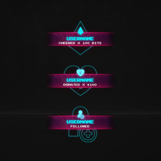 Animated Arcade Stream Alerts. Dark background with neon text for donations and follows.