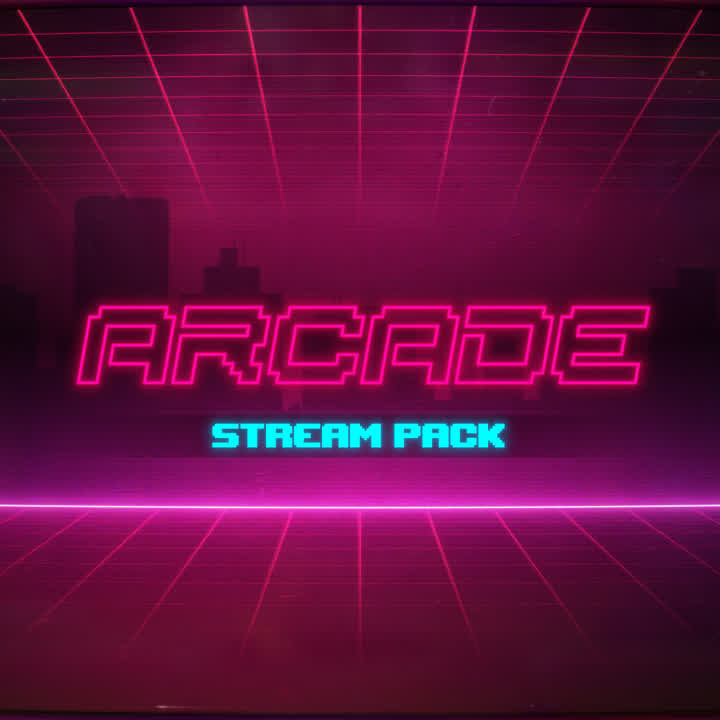 Arcade Stream Pack Retro pixel-themed stream overlays. Neon pink and blue text with grid background.