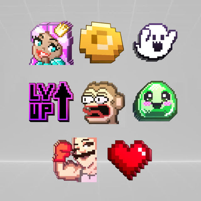 Arcade Twitch emotes. Pixel art style featuring unique characters and symbols. Fun and colorful designs.