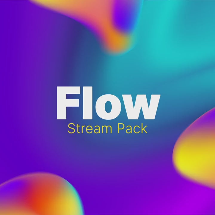 Flow Stream Pack. Vibrant abstract background with multicolored fluid shapes and bold text.