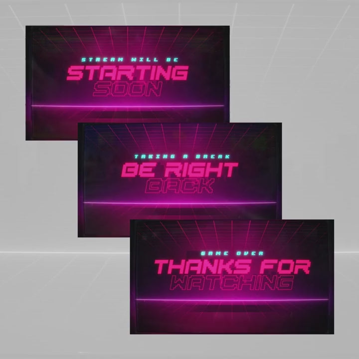 Arcade Animated Stream Overlays. Pink and blue neon text. "Starting Soon", "Be Right Back", "Thanks for Watching".