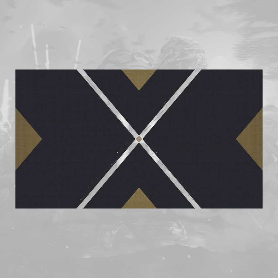 Warfare Animated Stinger Transition. Dark background with gold and silver geometric patterns.