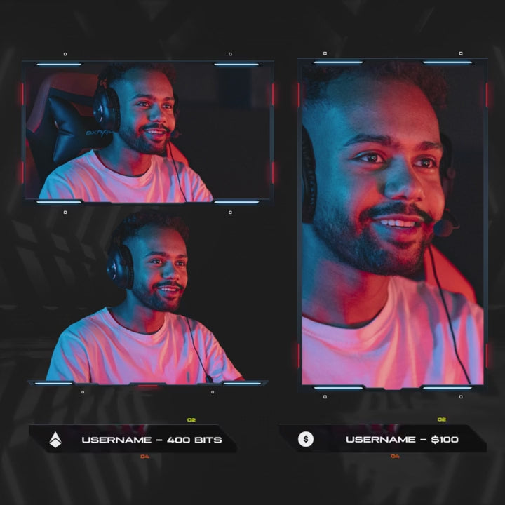 Futuristic 3D Animated Stream Overlays. Black background with vibrant neon frames for webcam scenes.