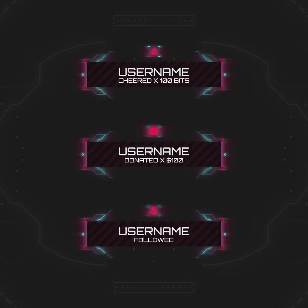 HUD Animated Stream Overlays. Dark background with neon pink and blue accents. User notifications.