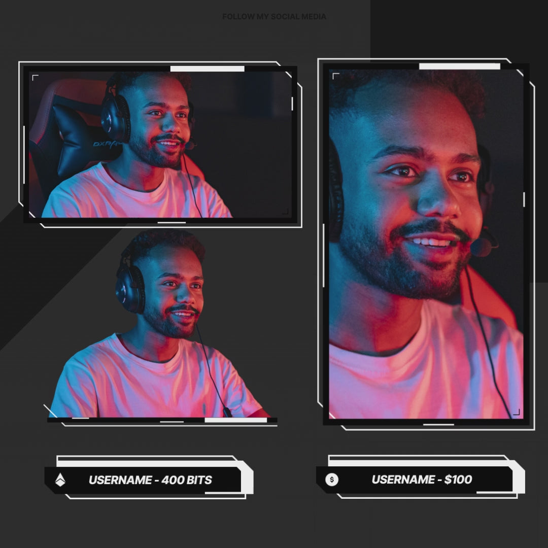 Modern Glitch Animated Webcam Overlays. Three camera frames and event boxes on a dark background.