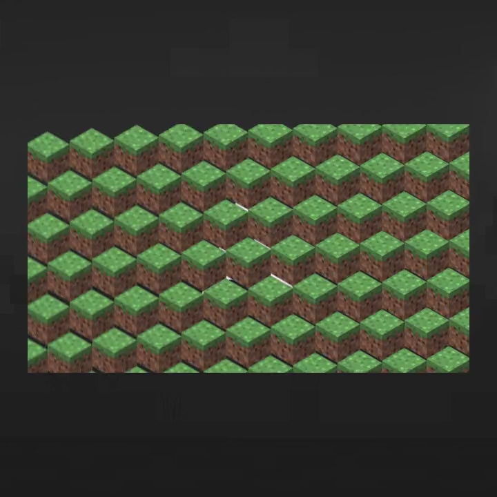 Minecraft-themed animated stinger transition. Green grass and brown dirt block pattern background.