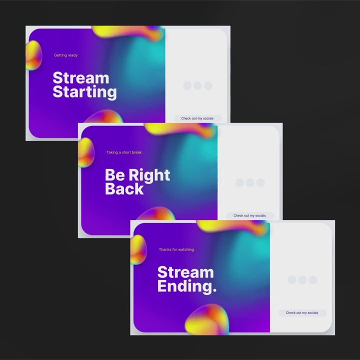 Flow Animated Stream Overlays. Colorful backgrounds with text: "Stream Starting," "Be Right Back," "Stream Ending."